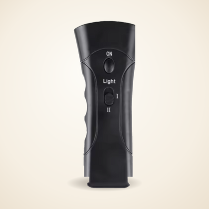 Caelova ultrasonic bark deterrent — black handheld device with ON button and Mode I/II intensity switch